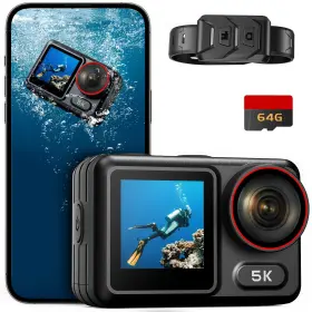 F01mxx Oddv 5k 30fps 64mp Waterproof Action Camera With Front Lcd And Touch Screen- 34ft Bu