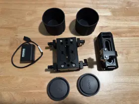 Sm1798 Small Rig Lot - Used Camera Gear Base Handle Dummy Battery Lens Back Caps